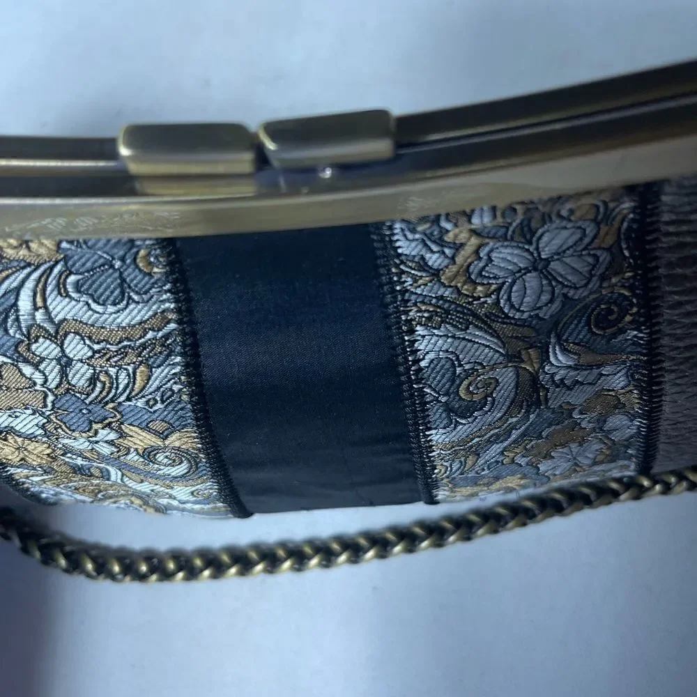 Talbots vintage black,copper & gray clutch with  a rustic gold tone chain